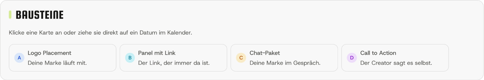 Kampagnen-Builder: die vier Bausteine Logo-Placement, Panel mit Link, Chat-Paket und Call to Action