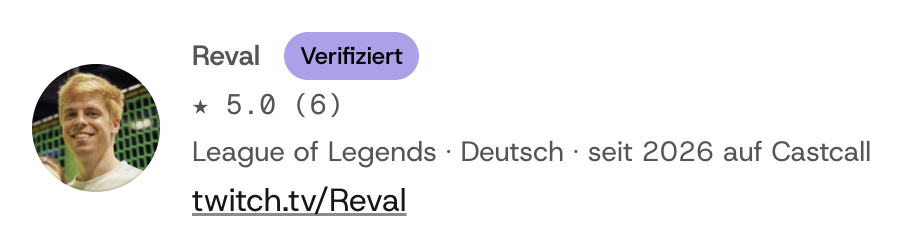 Creator-Profil mit Bewertung, Kategorie und Twitch-Link
